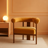 Luxurious Mustard Velvet Barrel Chair with Solid Walnut Frame