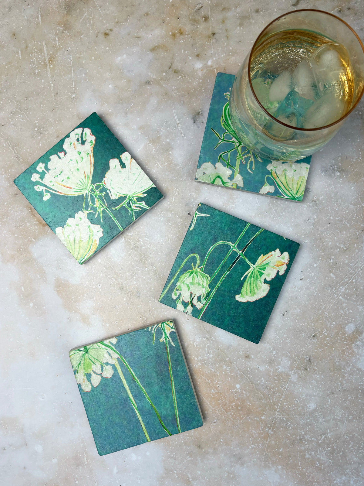 Coaster Set: Queen Anne's Lace on Teal