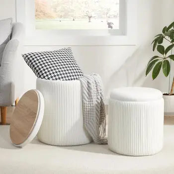 Compact Round Velvet Storage Ottoman Two-Pack White